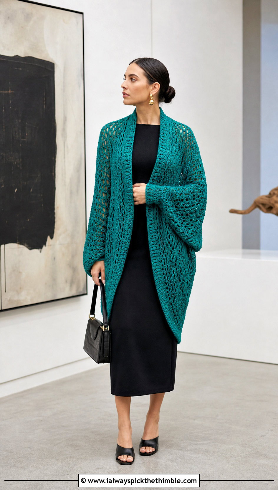 Longline Crochet Cocoon Shrug With Column Dress - 20 Easy Crochet Cocoon Shrug outfit ideas