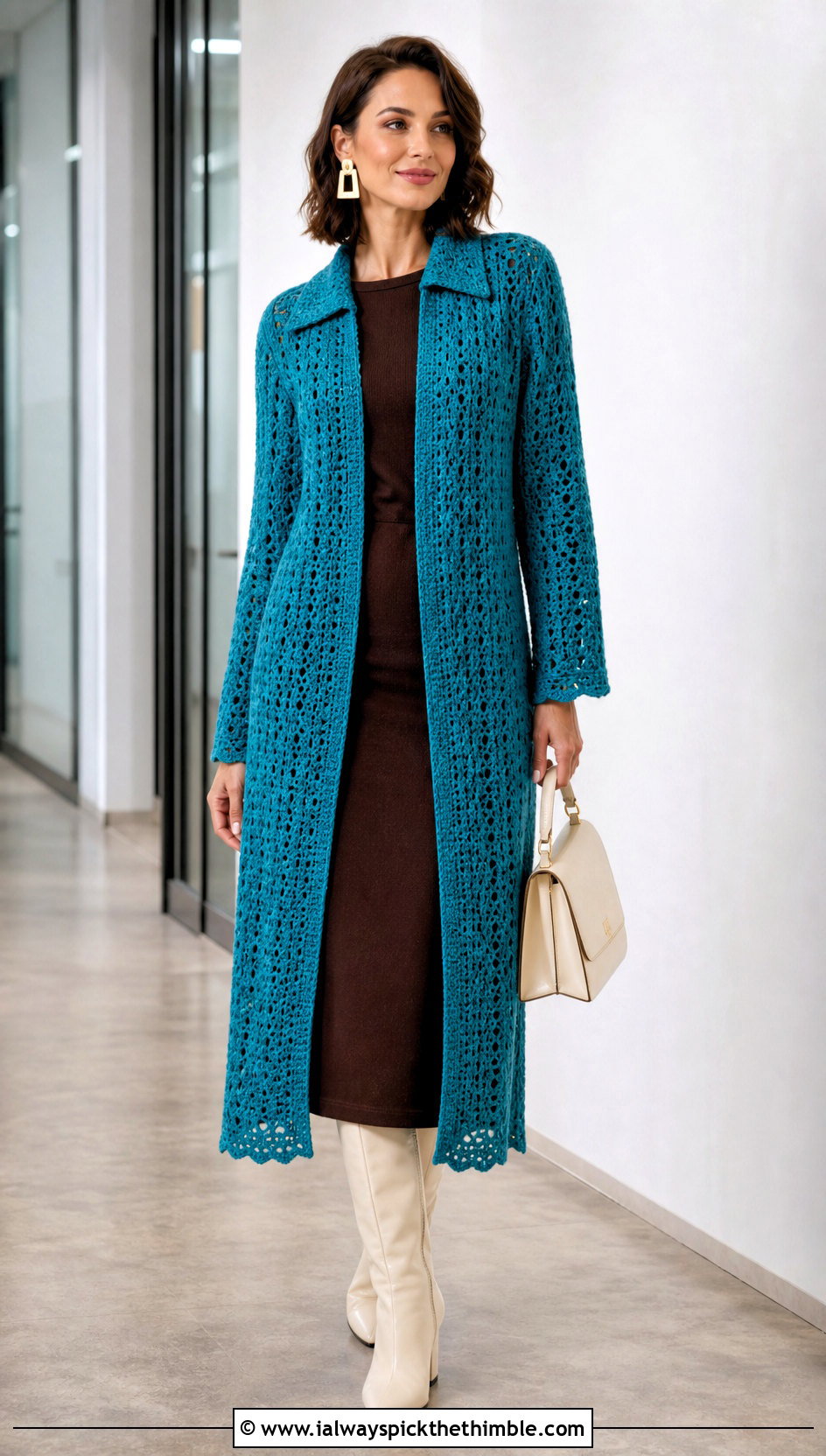 Longline Crochet Collared Sweater Over A Column Dress - 20 Crochet Collared Sweater outfit ideas
