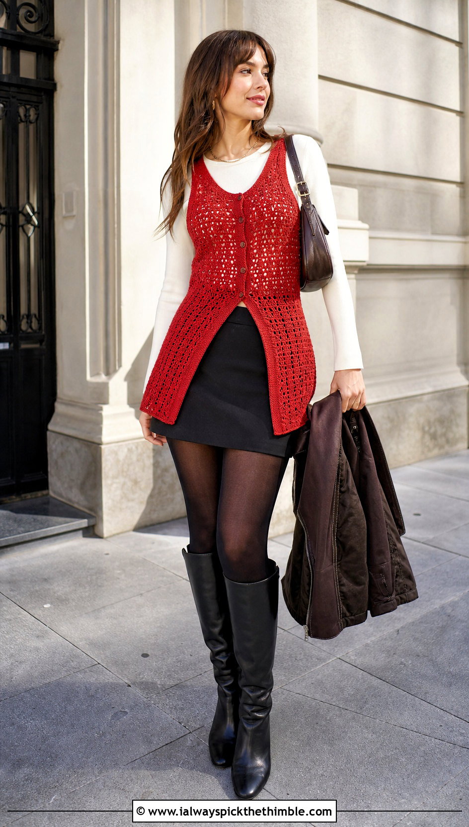 Longline Crochet Corset Vest With Mini Skirt - 20 crochet corset vest outfit ideas