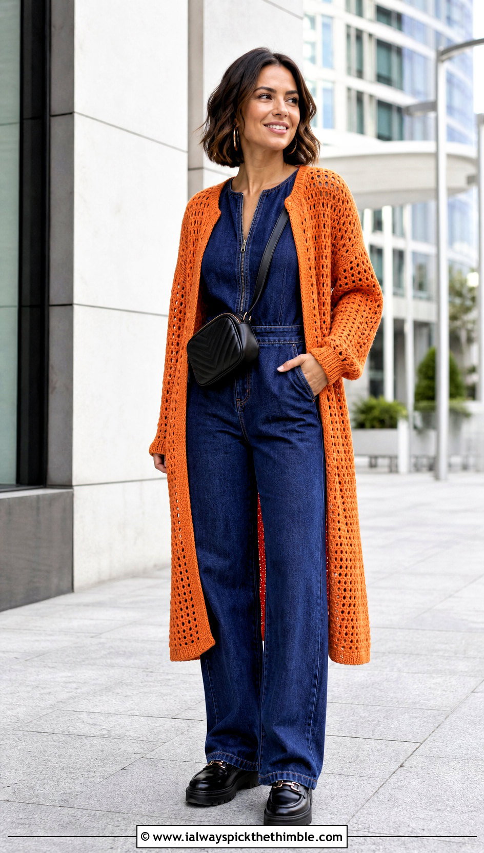 Longline Crochet Crew Neck Cardigan With Denim Jumpsuit - 20 crochet crew neck cardigan outfit ideas