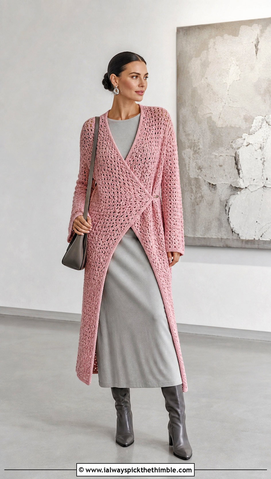 Longline Crochet Crossover Sweater With Column Dress - 15 Crochet Crossover Sweater outfit ideas