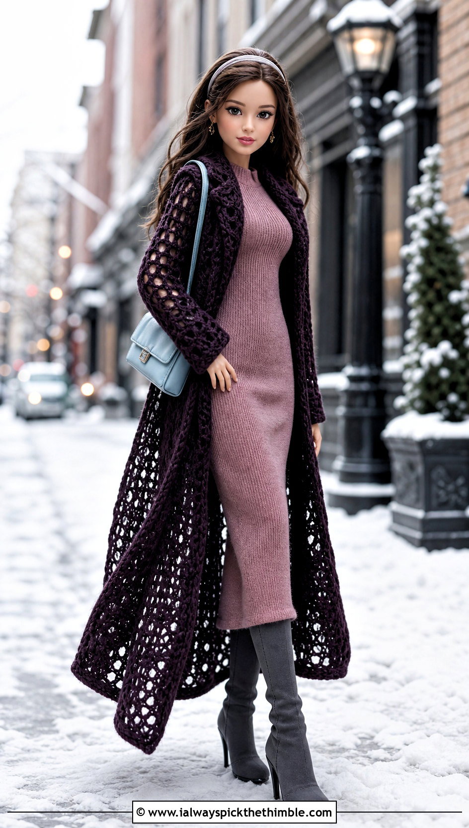 Longline Crochet Doll Cape With Knit Dress - 20 Crochet Doll Cape outfit ideas