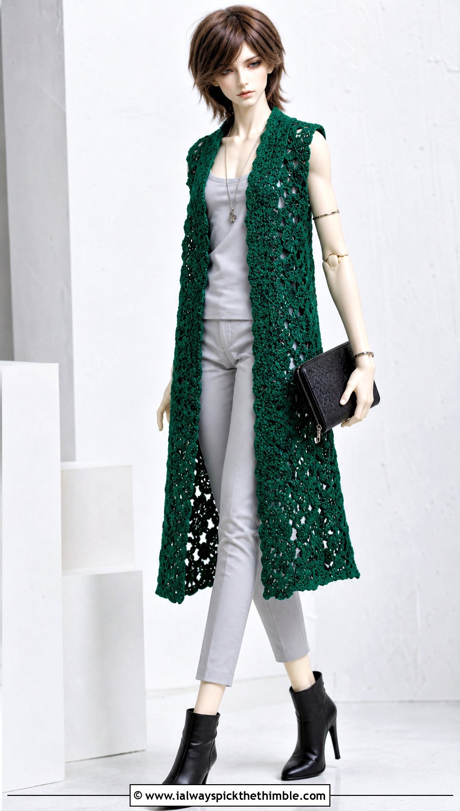 Longline Crochet Doll Vest With Monochrome Separates - 20 crochet doll vest outfit ideas