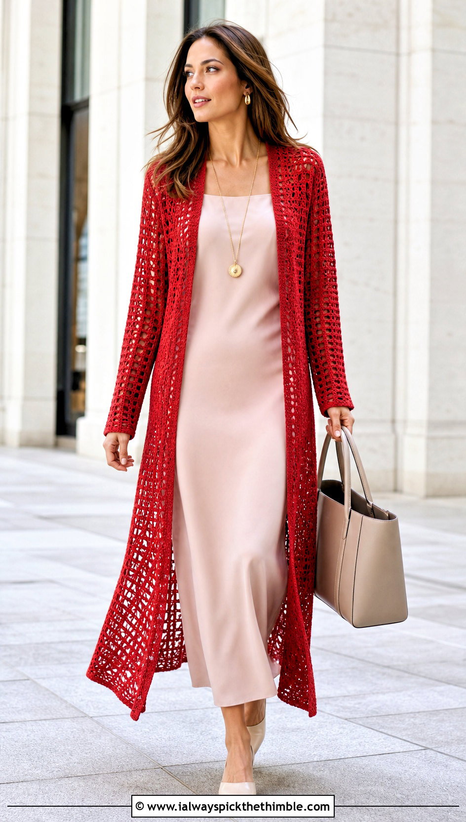 Longline Crochet Duster Cardigan With Column Dress - 20 crochet clothes outfit ideas
