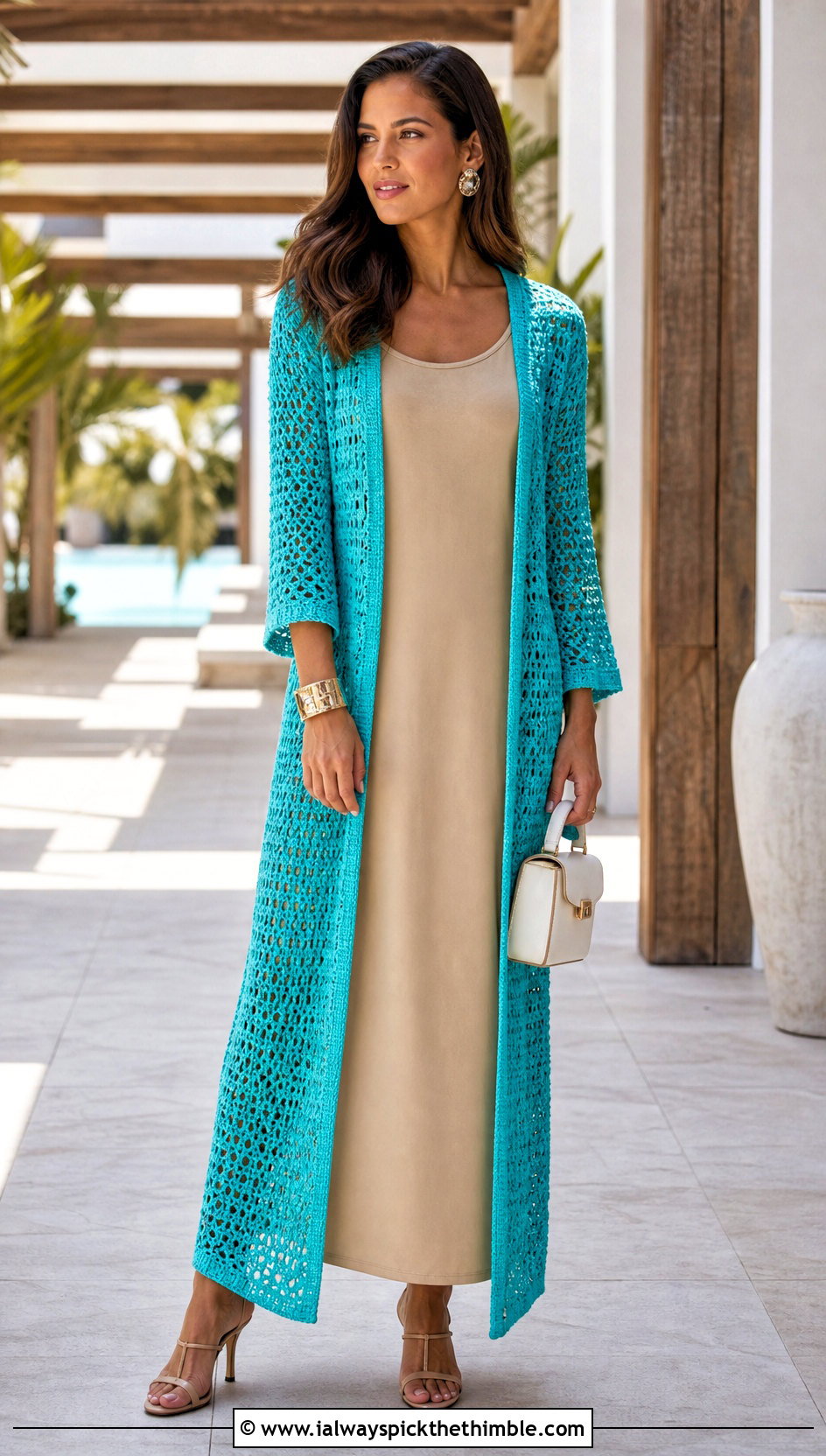 Longline Crochet Duster Cardigan With Column Dress - 20 Crochet Fancy Cardigan outfit ideas