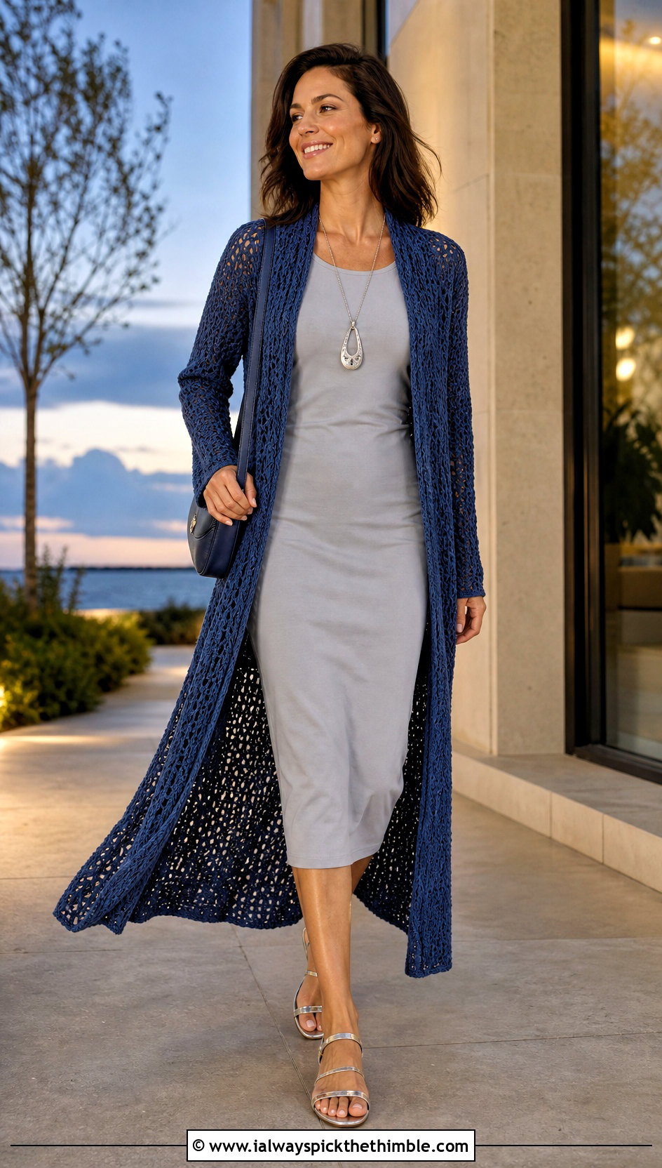 Longline Crochet Duster Cardigan With Column Dress - 20 crochet spring cardigan outfit ideas