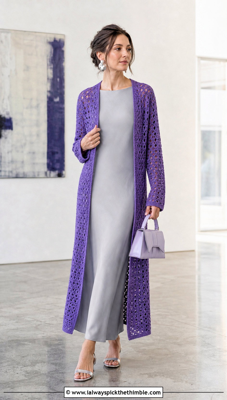 Longline Crochet Duster Cardigan With Column Dress - 20 crochet women's cardigan outfit ideas