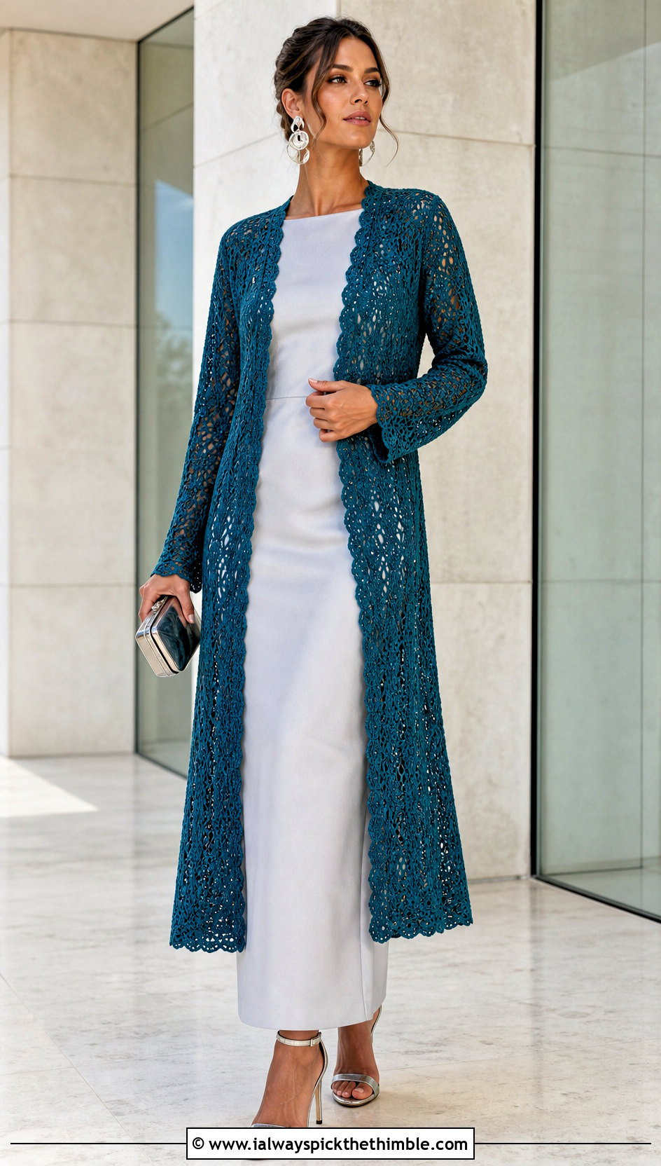 Longline Crochet Duster Cardigan With Column Dress - 20 womens crochet cardigan outfit ideas