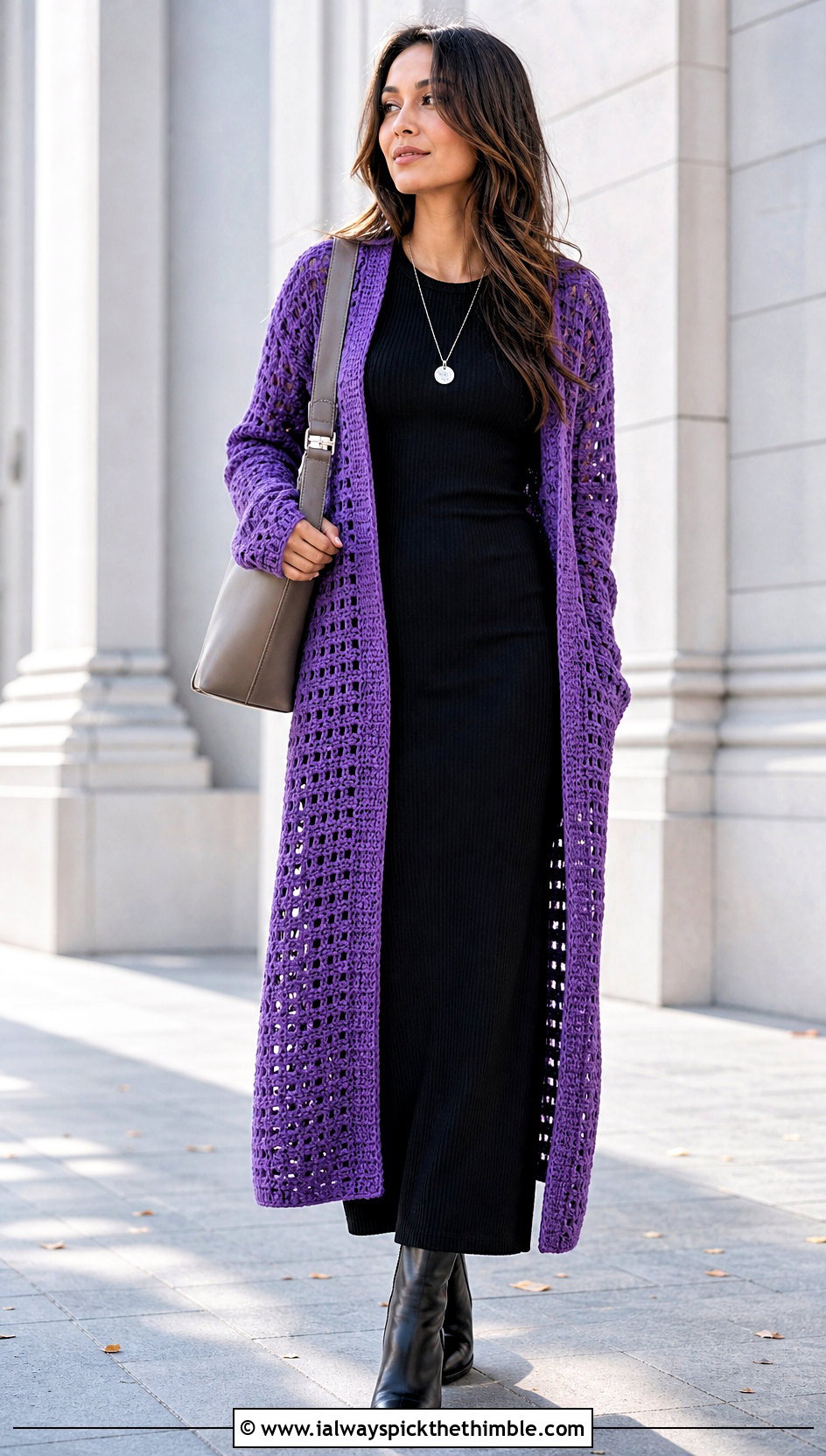 Longline Crochet Duster Cardigan With Column Dress - 25 crochet cardigan women outfit ideas