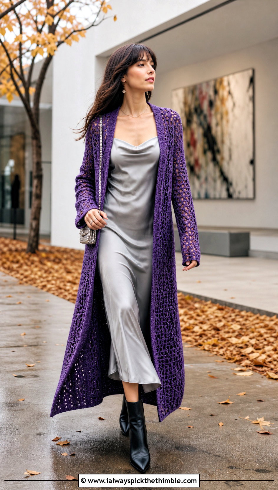 Longline Crochet Duster Cardigan With Satin Slip Dress - 15 Crochet Cardigan Fall Fashion and outfit ideas