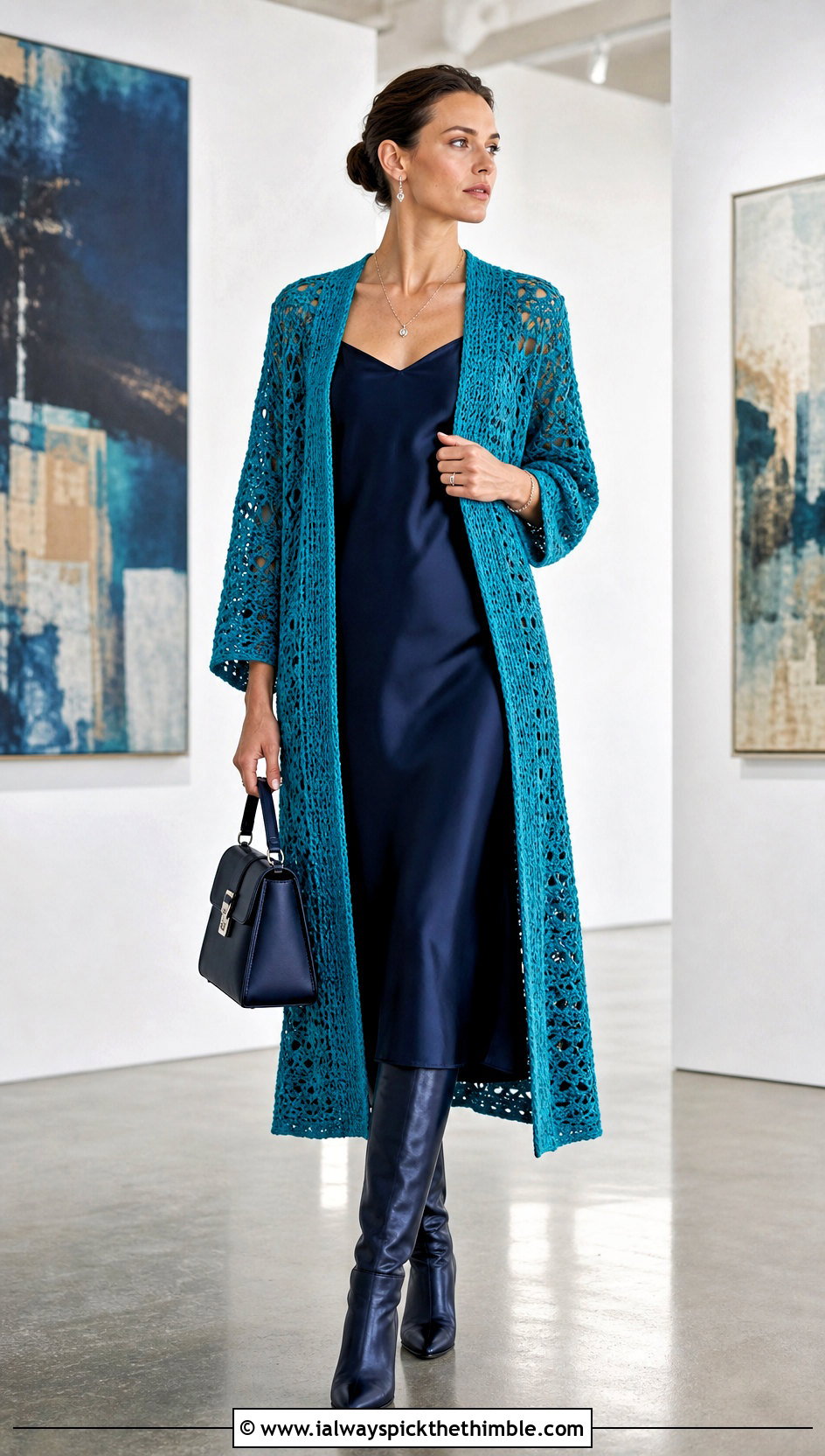 Longline Crochet Duster Cardigan With Slip Dress - 20 Autumn Crochet Cardigan outfit ideas