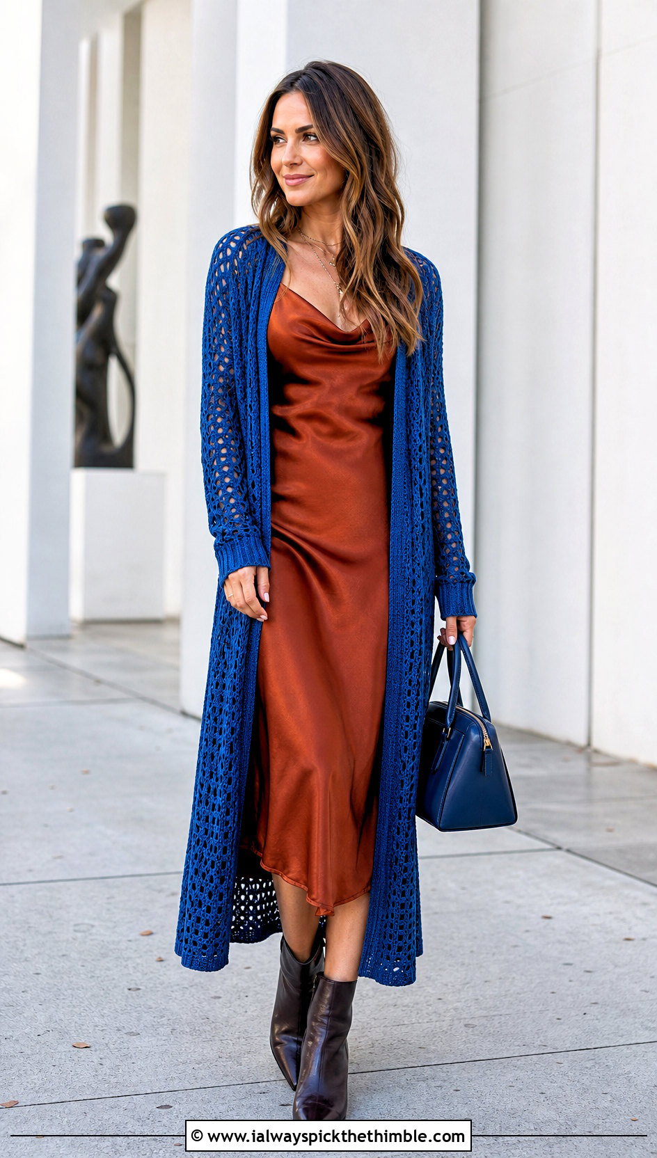 Longline Crochet Duster Cardigan With Slip Dress - 25 fall crochet cardigan outfit ideas