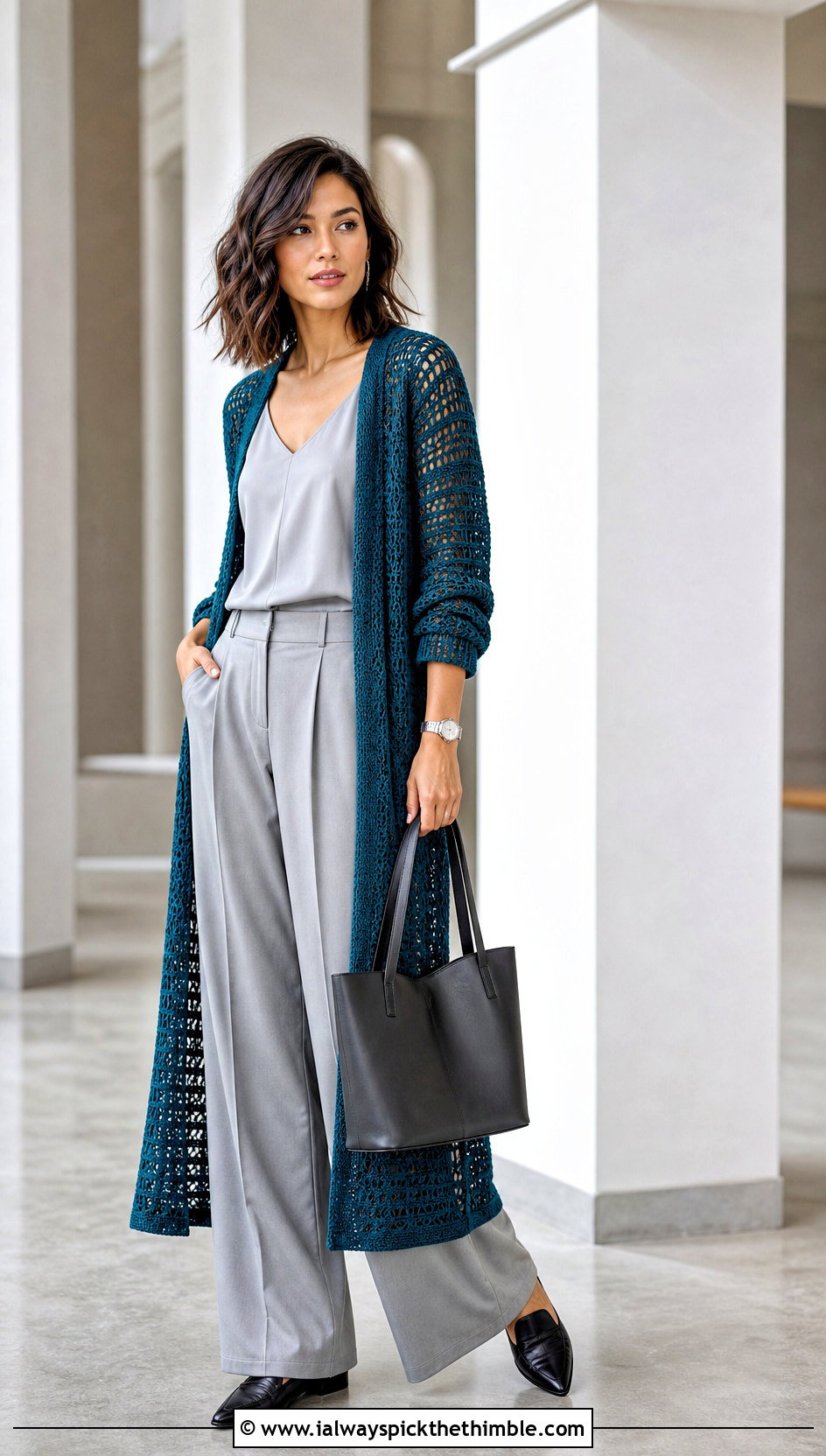 Longline Crochet Duster Cardigan With Tailored Trousers - 15 Women Crochet Cardigan outfit ideas