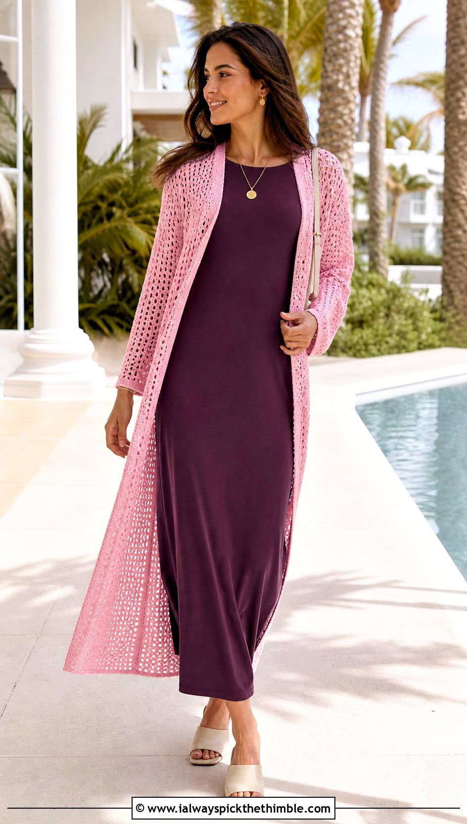 Longline Crochet Duster Jacket With Column Dress - 25 crocheted jacket outfit ideas