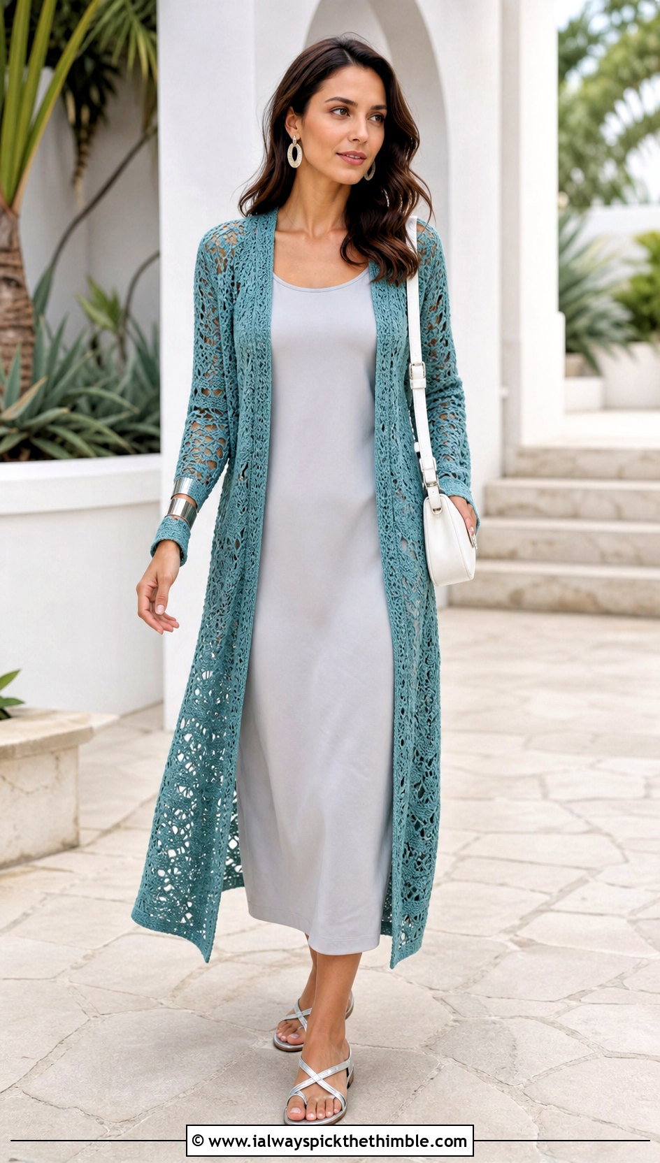 Longline Crochet Duster Jacket With Column Dress - 25 easy crochet jacket outfit ideas