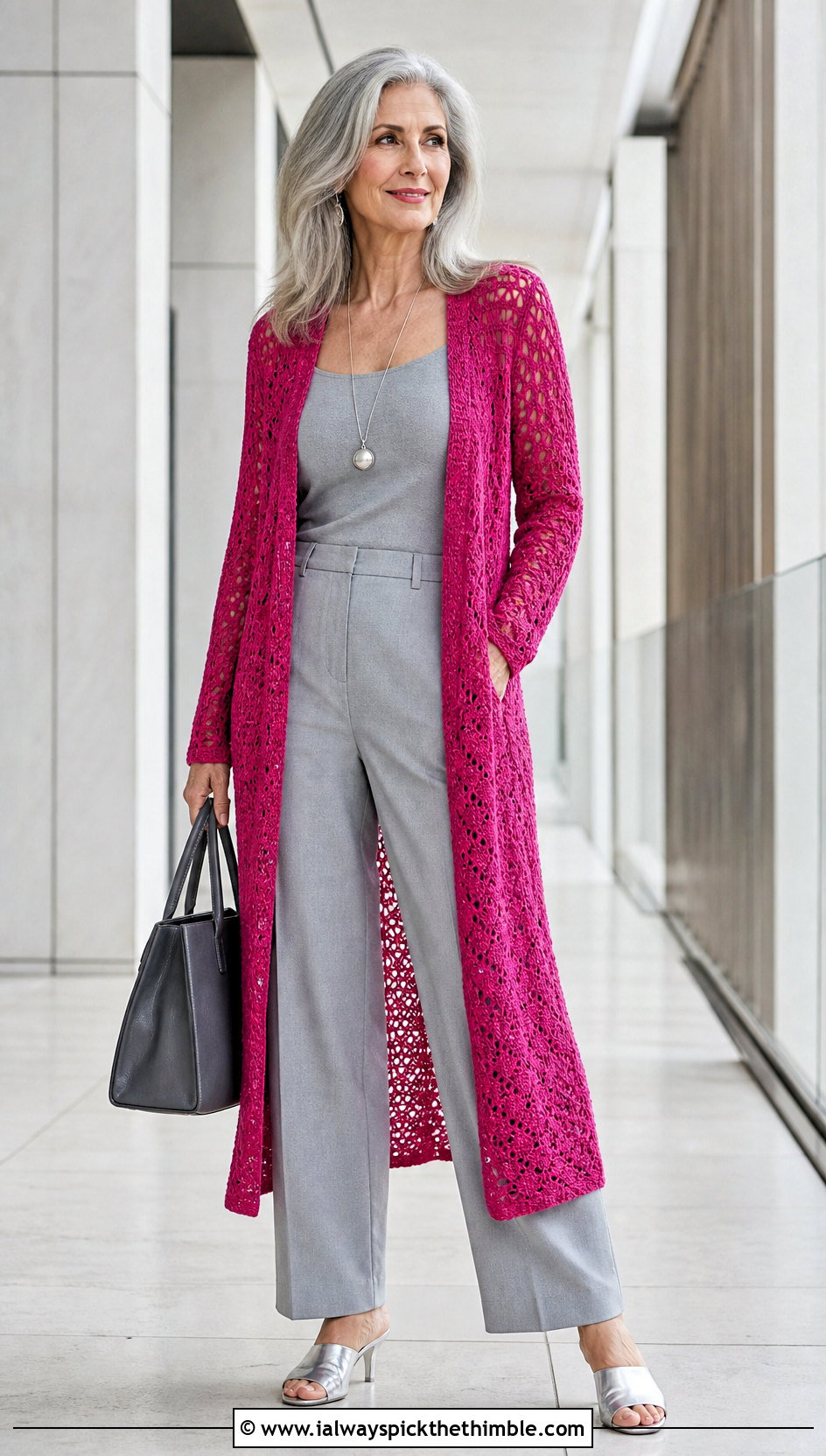 Longline Crochet Duster Sweater With A Monochrome Base - 20 Open Weave Crochet Sweater outfit ideas