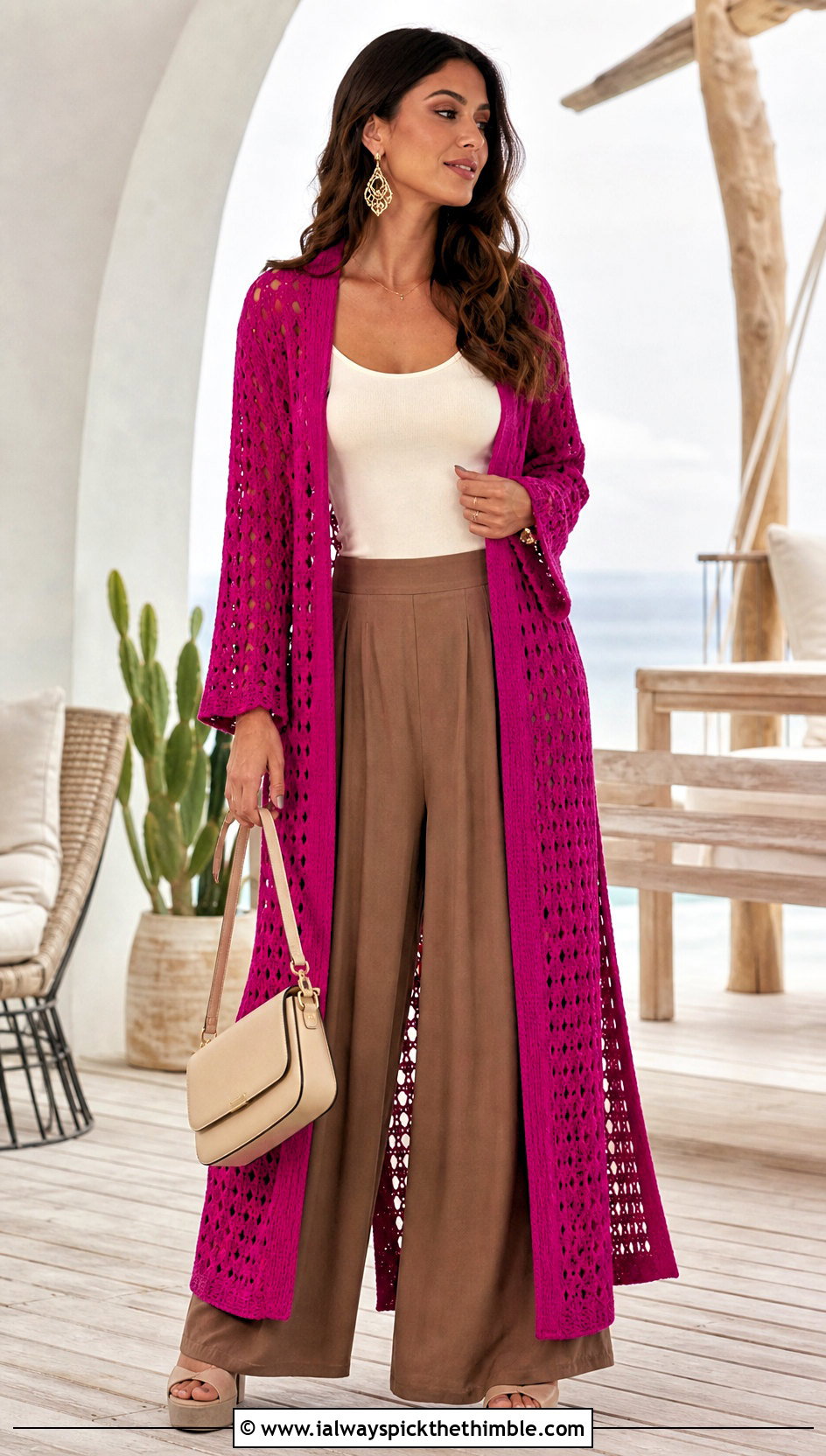 Longline Crochet Duster Sweater With Culottes - 25 summer crochet sweater outfit ideas