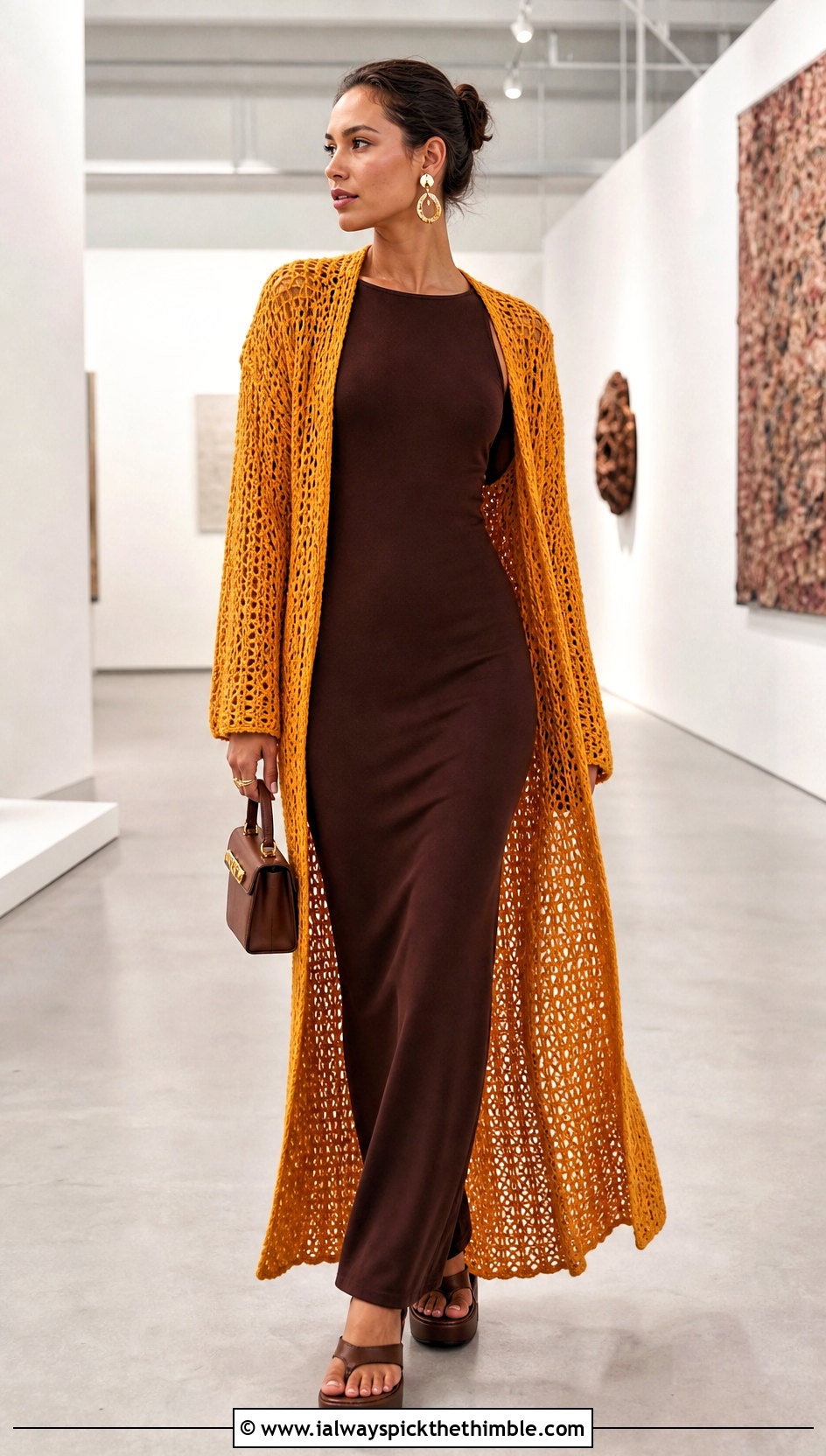 Longline Crochet Duster With Column Dress - 20 Crochet 90S Outfit ideas