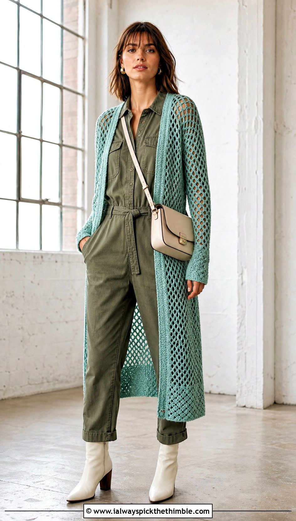 Longline Crochet Fishnet Sweater With a Utility Jumpsuit - 20 Crochet Fishnet Sweater outfit ideas