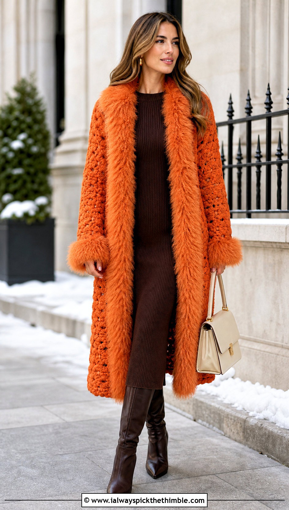 Longline Crochet Fur Jacket With Knit Column Dress - 20 crochet fur jacket outfit ideas