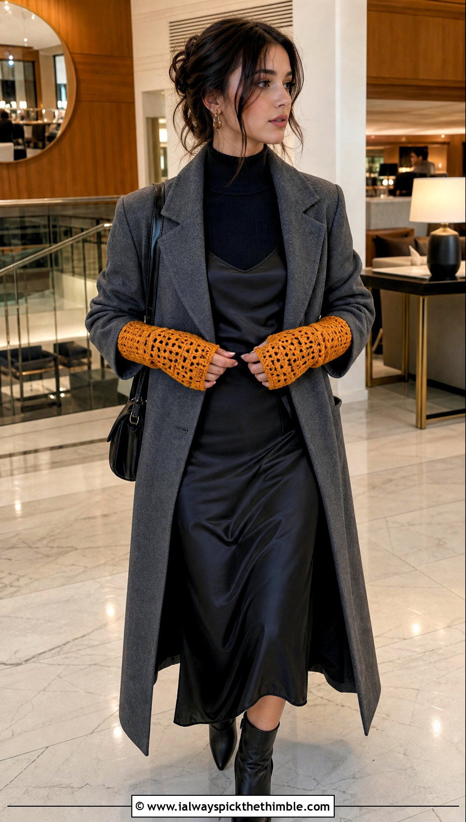 Longline Crochet Gauntlet Mitts With Slip Dress And Coat - 20 Crochet Fingerless Mitts outfit ideas