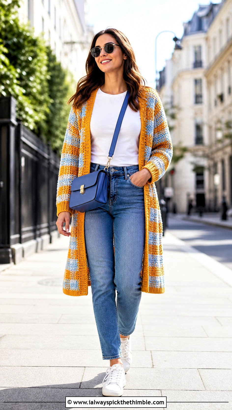 Longline Crochet Gingham Cardigan With T Shirt And Jeans - 20 Crochet Gingham Sweater outfit ideas