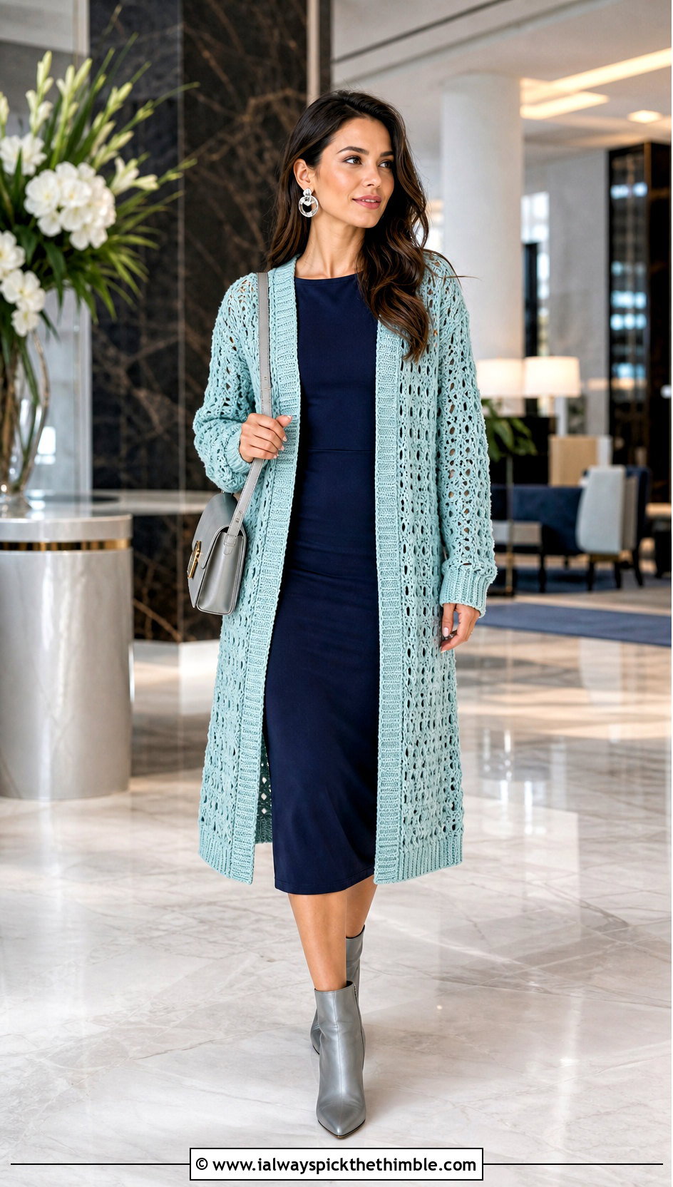Longline Crochet Grandpa Sweater With Column Dress - 20 Crochet Grandpa Sweater outfit ideas