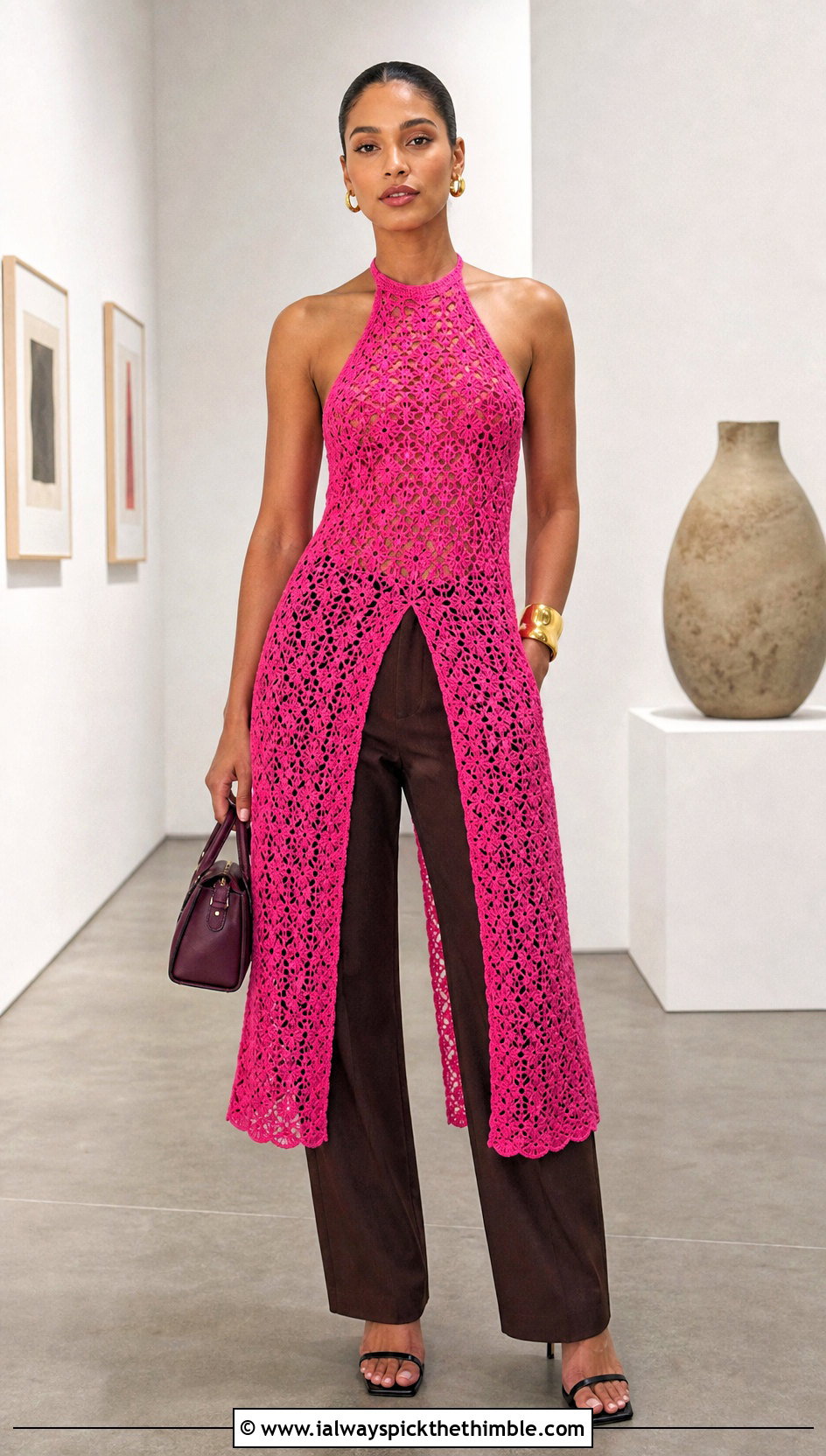 Longline Crochet Halter Top With Straight Leg Pants - 25 crochet halter top outfit ideas