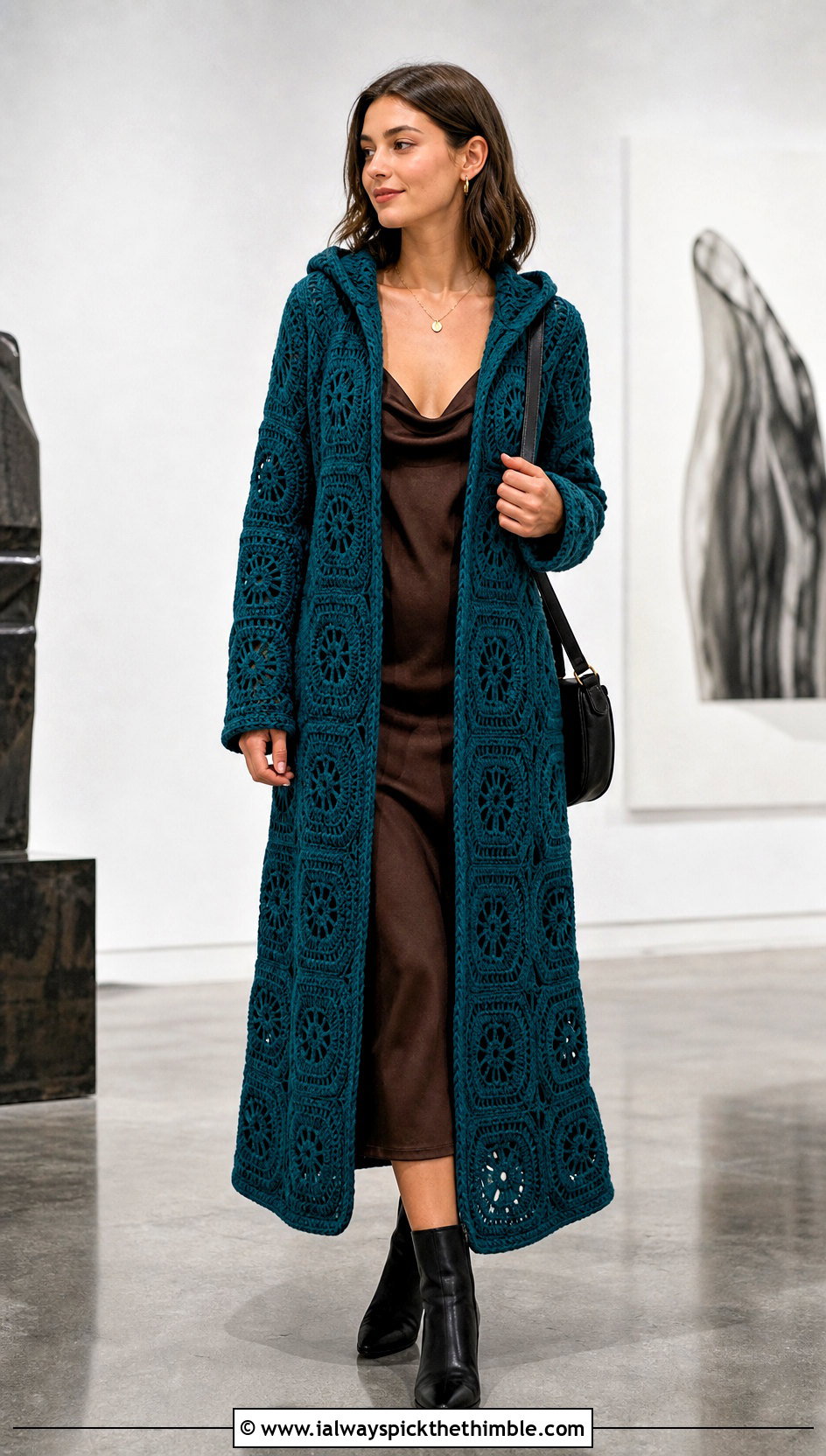 Longline Crochet Hexagon Hoodie With Slip Dress - 20 crochet hexagon hoodie outfit ideas