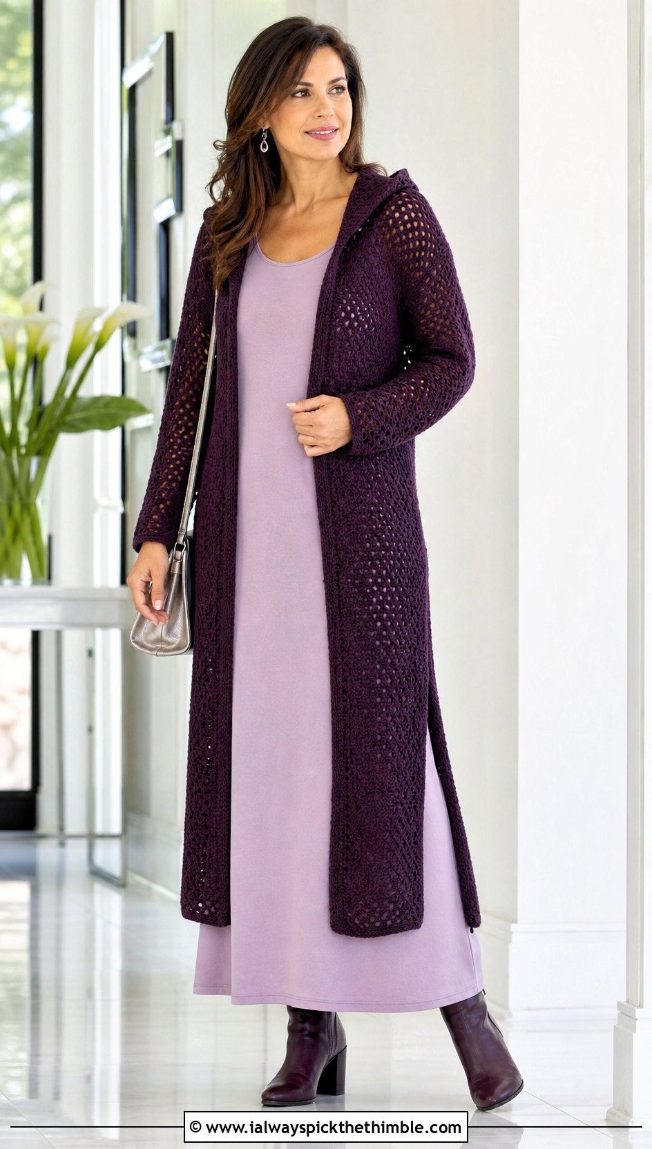 Longline Crochet Hooded Shrug With Column Dress - 20 Crochet Hooded Shrug outfit ideas