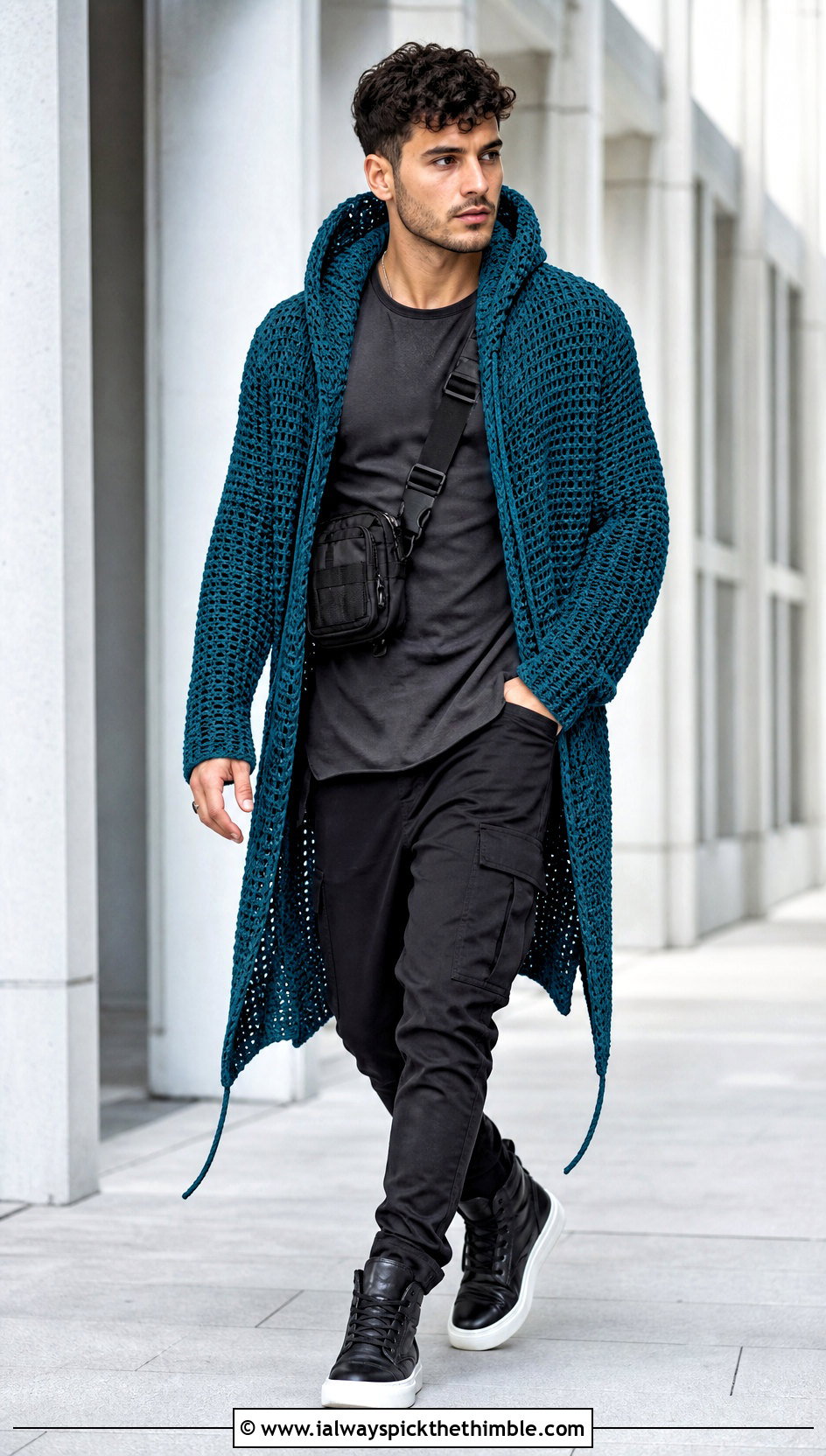 Longline Crochet Hoodie With Slim Cargo Pants - 20 crochet mens hoodie outfit ideas