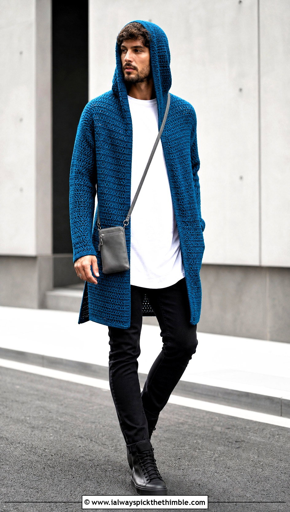 Longline Crochet Hoodie With Slim Jeans - 25 crochet hoodie for men outfit ideas