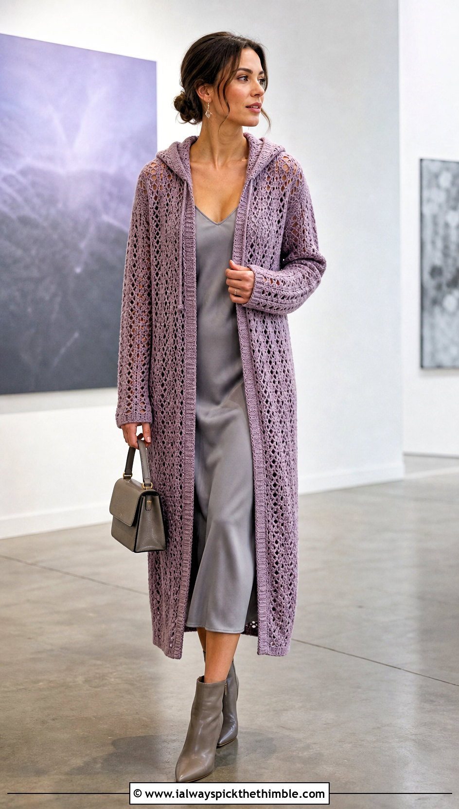 Longline Crochet Hoodie With Slip Dress - 25 crochet hoodie outfit ideas
