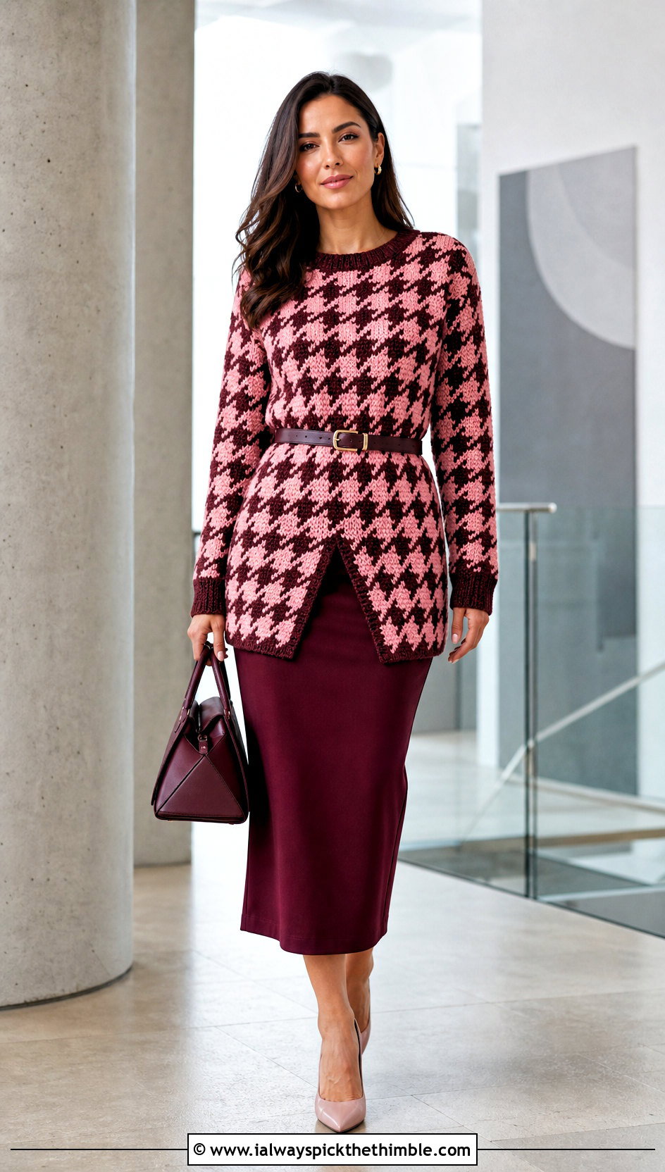 Longline Crochet Houndstooth Sweater With Pencil Skirt - 25 crochet houndstooth sweater outfit ideas