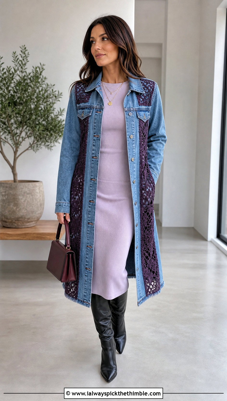 Longline Crochet Insert Denim Jacket With Knit Dress - 20 crochet denim jacket outfit ideas