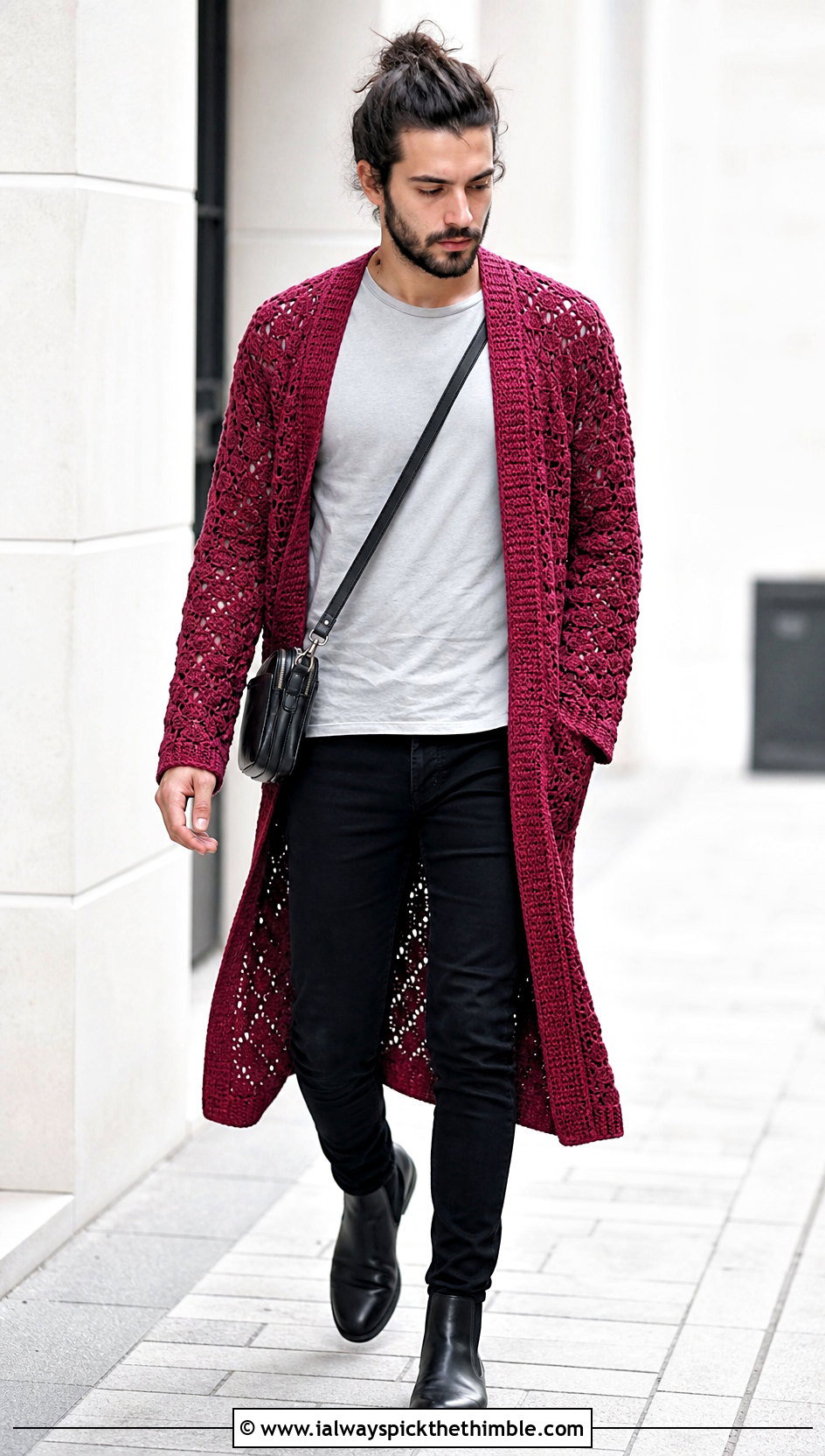 Longline Crochet Jacket With T Shirt And Slim Jeans - 25 crochet jacket for men outfit ideas