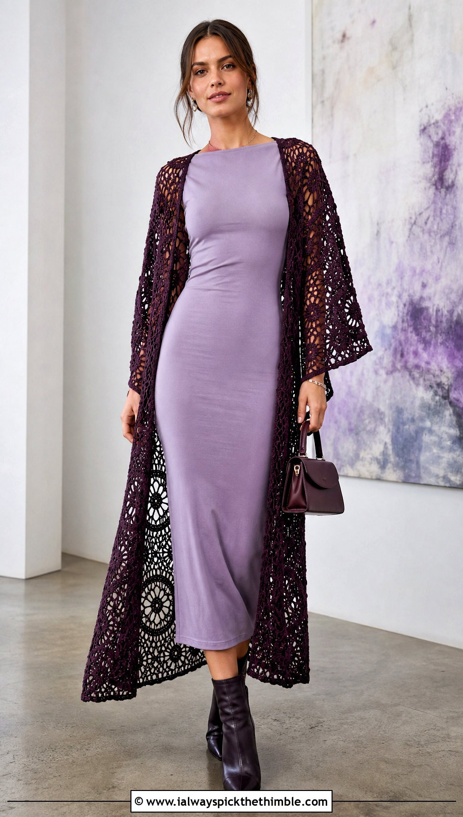 Longline Crochet Kimono Duster With Column Dress - 25 crochet kimono cardigan outfit ideas