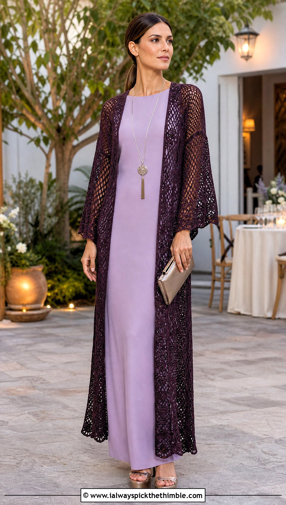 Longline Crochet Kimono With Column Maxi Dress - 25 crochet kimono outfit ideas