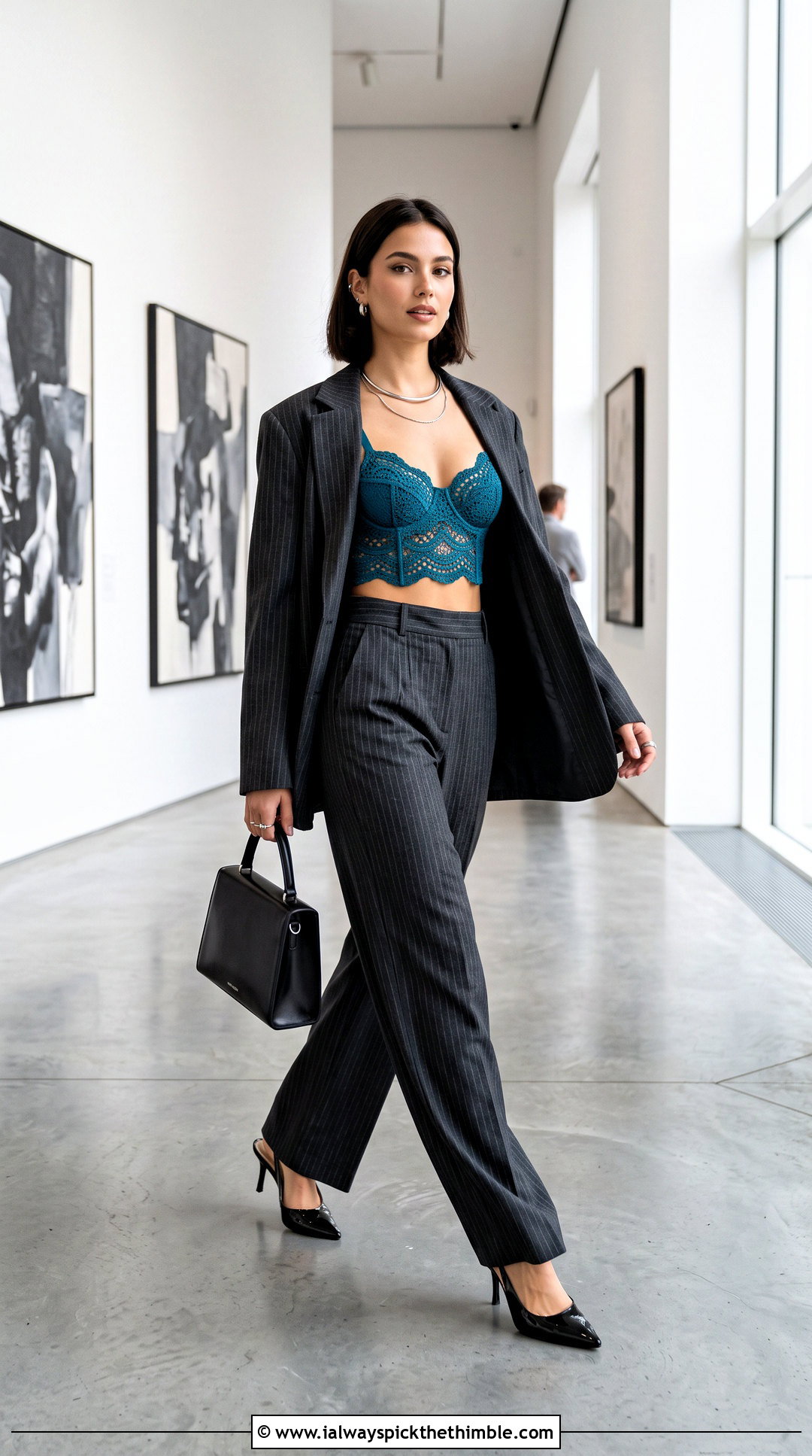 Longline Crochet Lace Bralette With Silver Torque And Pinstripe Suit - 15 crochet lace bralette with necklace outfit ideas