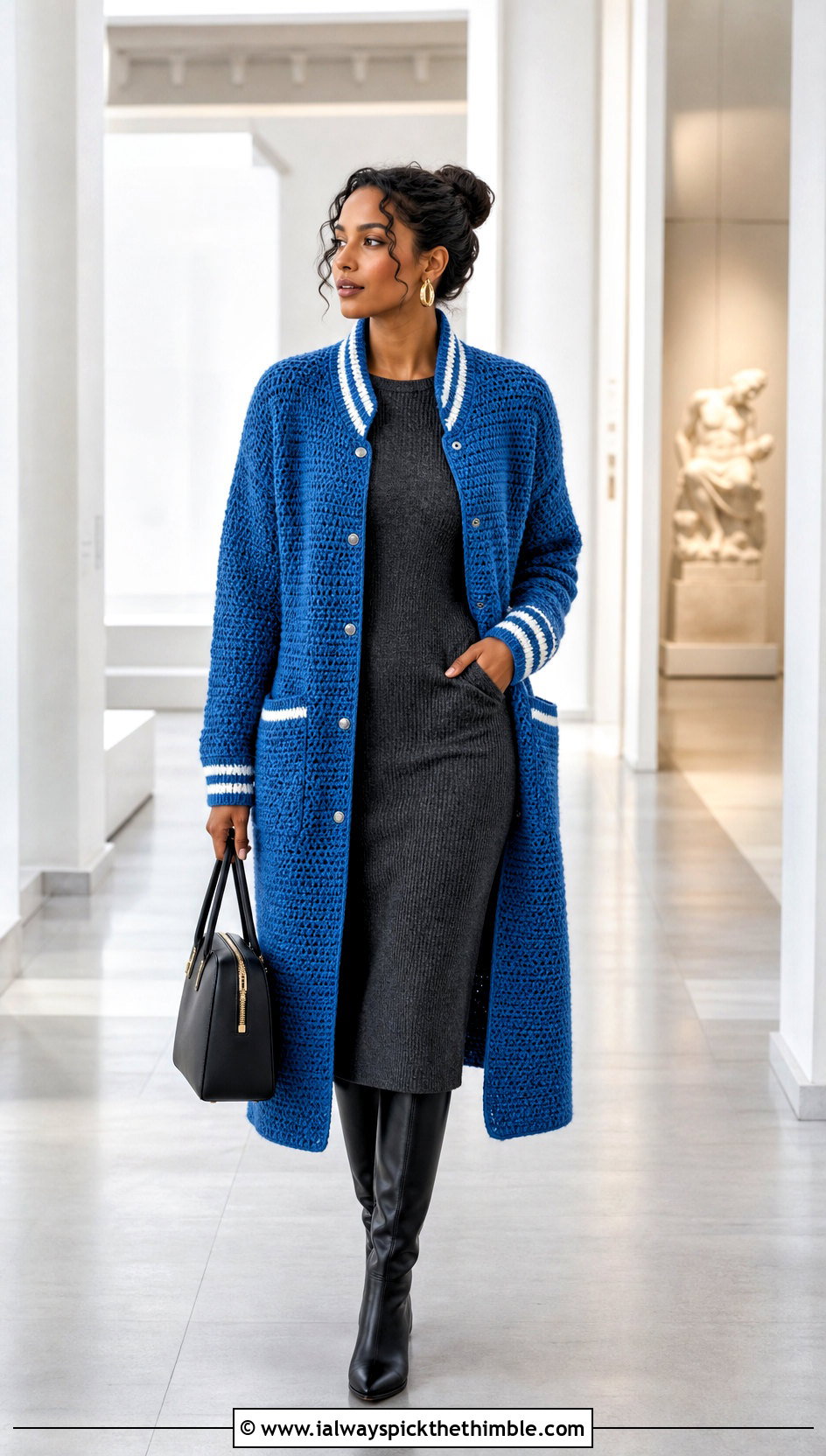 Longline Crochet Letterman Jacket With Knit Midi Dress - 20 crochet letterman jacket outfit ideas
