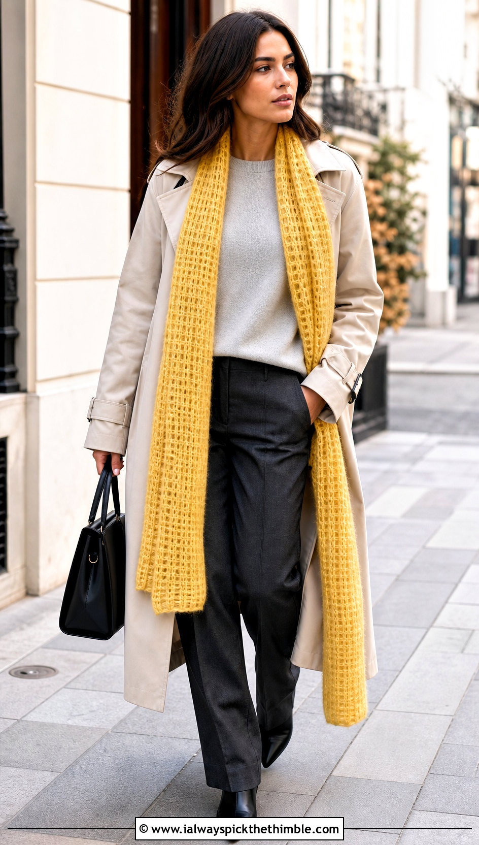 Longline Crochet Mohair Scarf With Trench Coat - 20 crochet mohair scarf outfit ideas