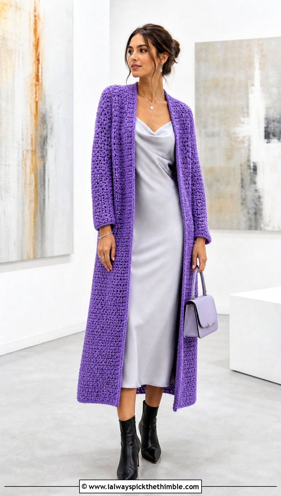 Longline Crochet Moss Stitch Cardigan With Slip Dress - 20 crochet moss stitch cardigan outfit ideas