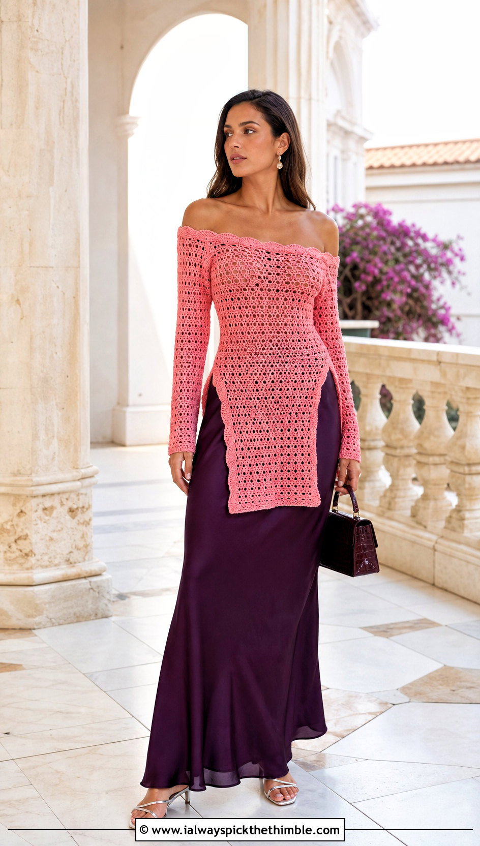 Longline Crochet Off The Shoulder Top With Bias Cut Maxi Skirt - 25 Crochet Off The Shoulder Top outfit ideas