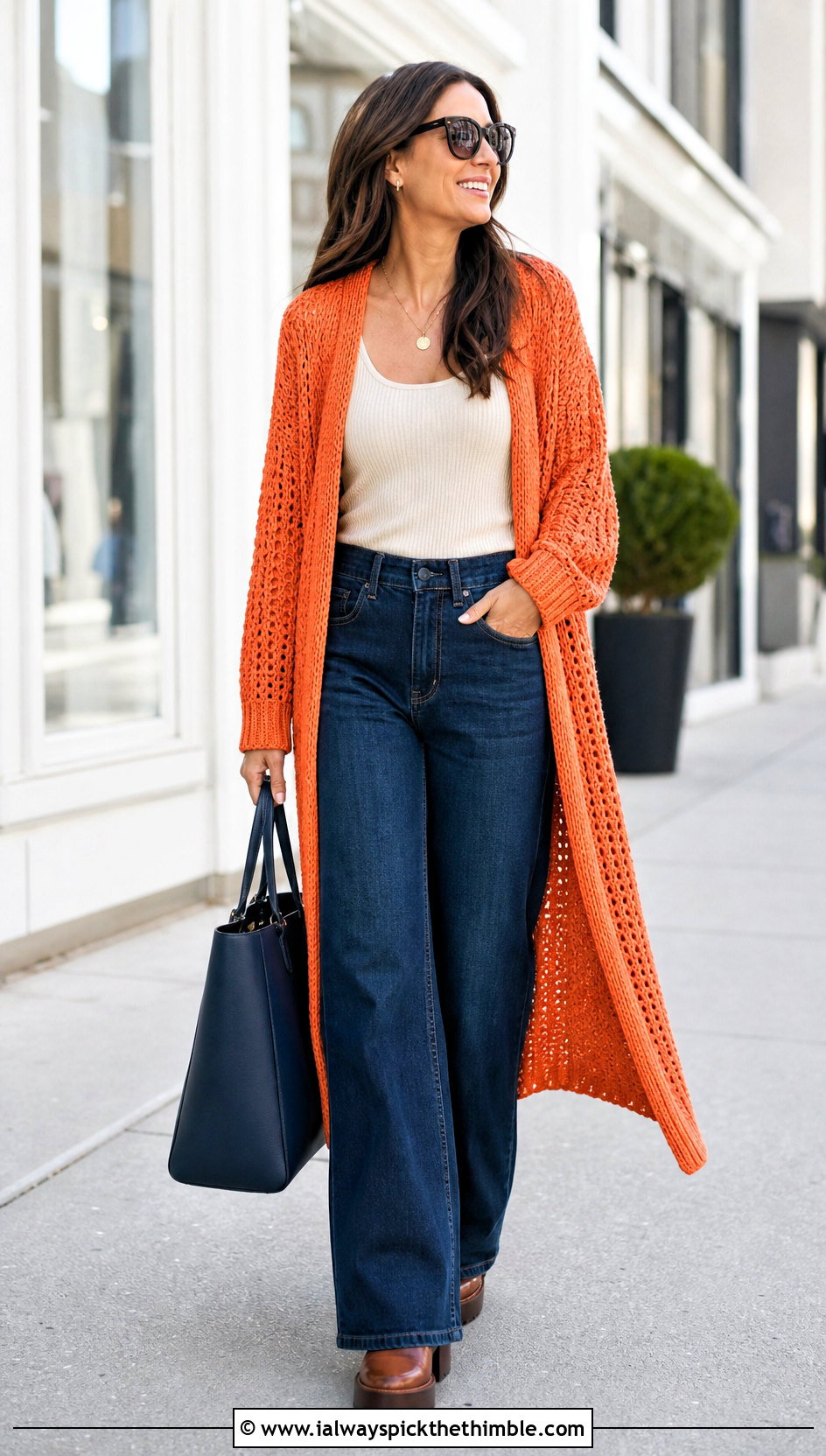 Longline Crochet One Piece Cardigan With Wide Leg Jeans - 20 crochet one piece cardigan outfit ideas