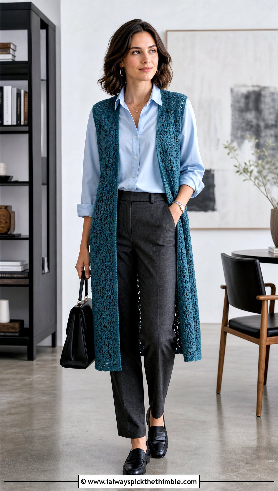 Longline Crochet Open Front Vest With Tailored Trousers - 20 crochet open front vest outfit ideas