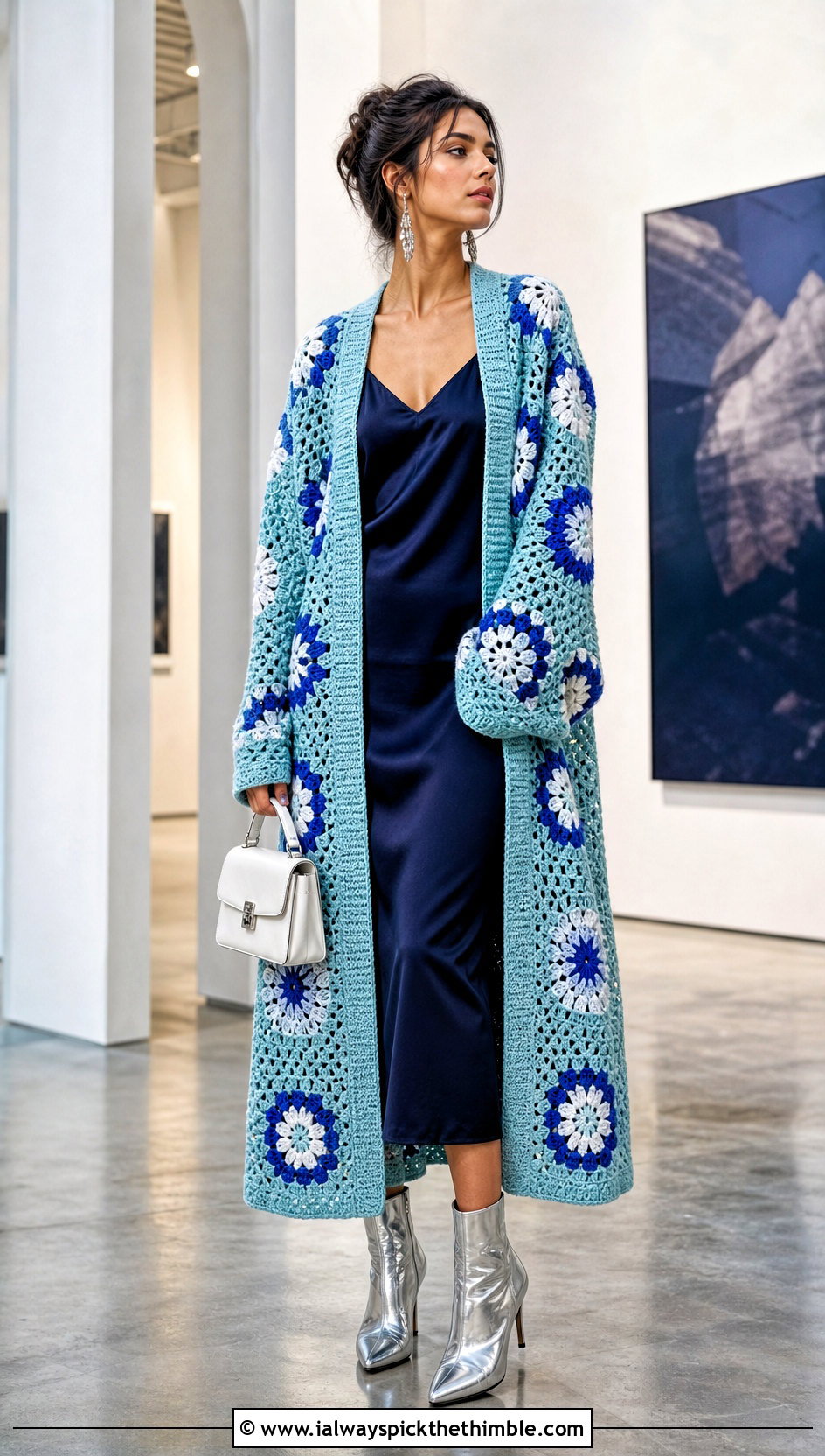 Longline Crochet Patched Cardigan With Slip Dress - 20 Crochet Patched Cardigan outfit ideas