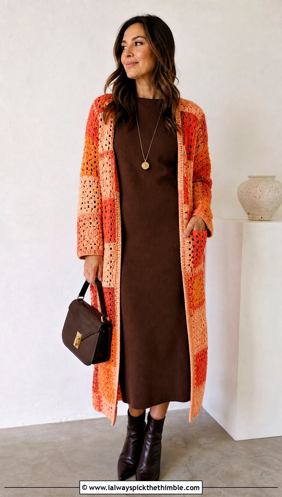 Longline Crochet Patchwork Cardigan With Column Dress - 25 crochet patchwork cardigan outfit ideas