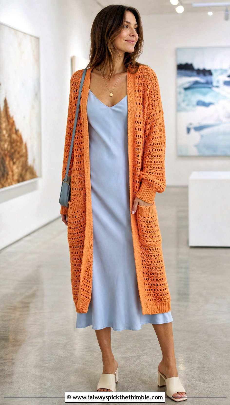 Longline Crochet Pocket Cardigan With Slip Dress - 20 crochet sweater with pockets outfit ideas