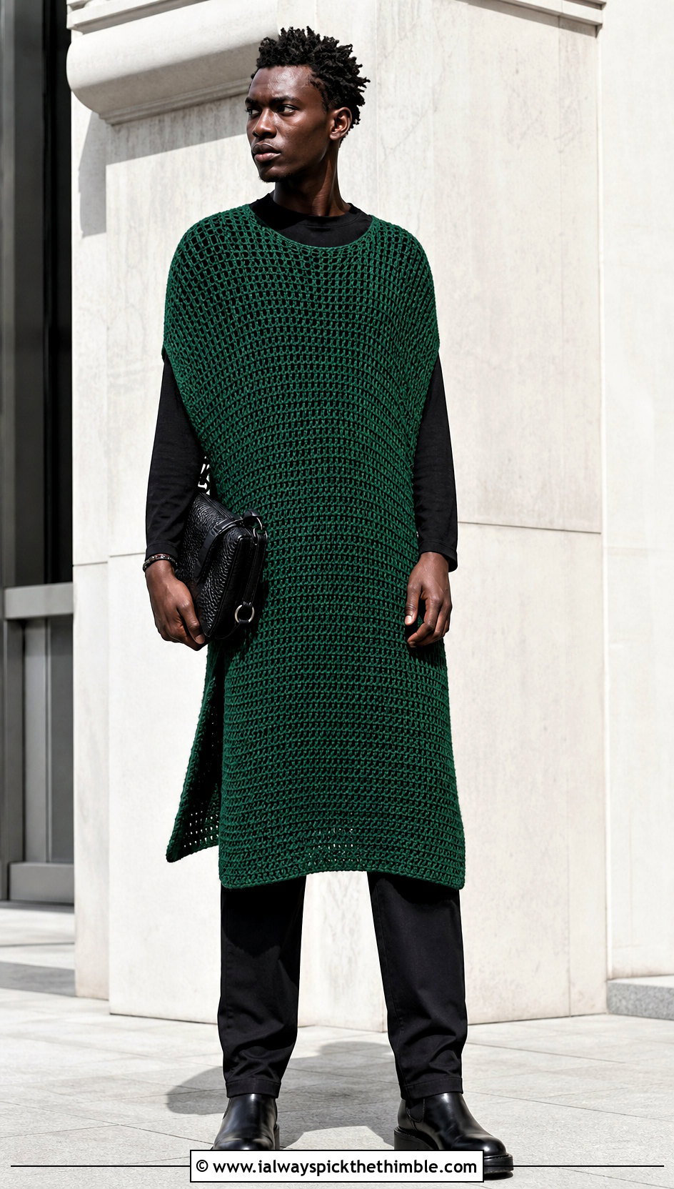 Longline Crochet Poncho With Monochrome Basics - 20 men crochet poncho outfit ideas