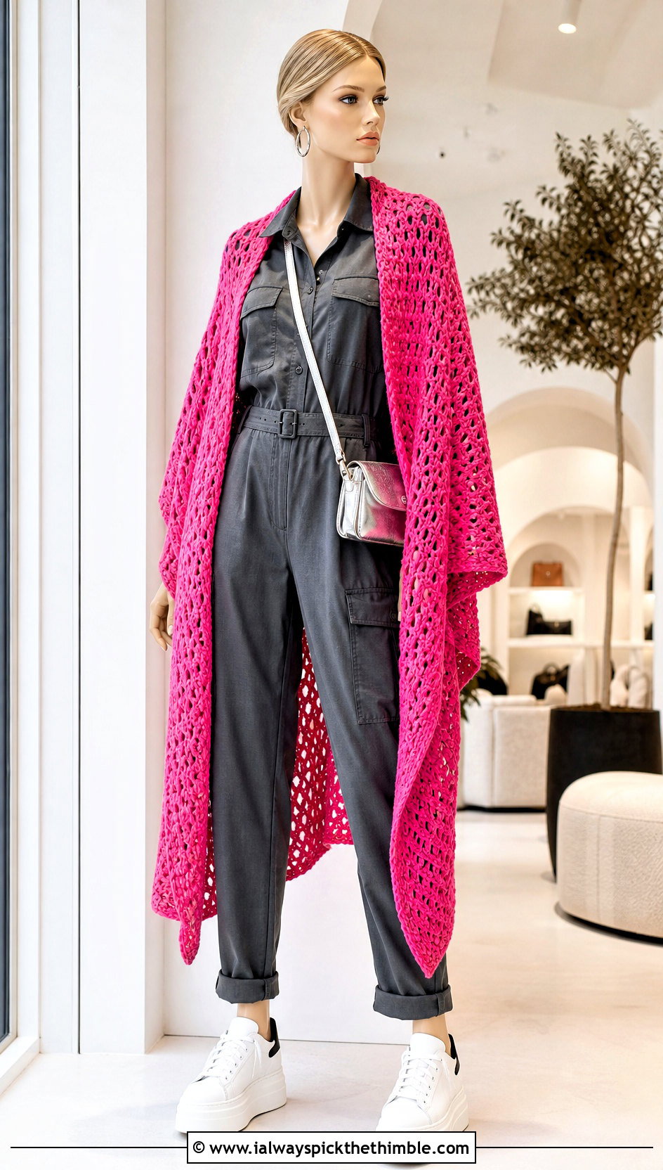 Longline Crochet Poncho With Utility Jumpsuit - 15 crochet poncho on mannequin outfit ideas